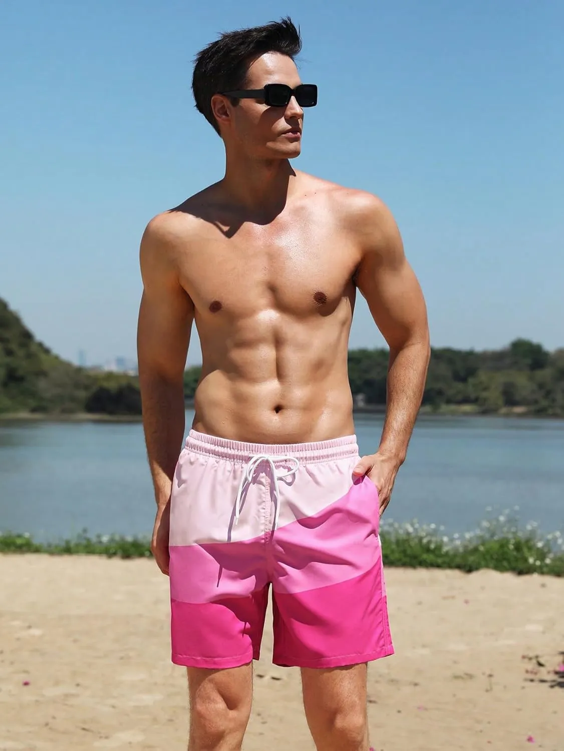 WDIRARA Men's Color Block Beach Shorts Summer Swim Shorts with Drawstring and Pockets