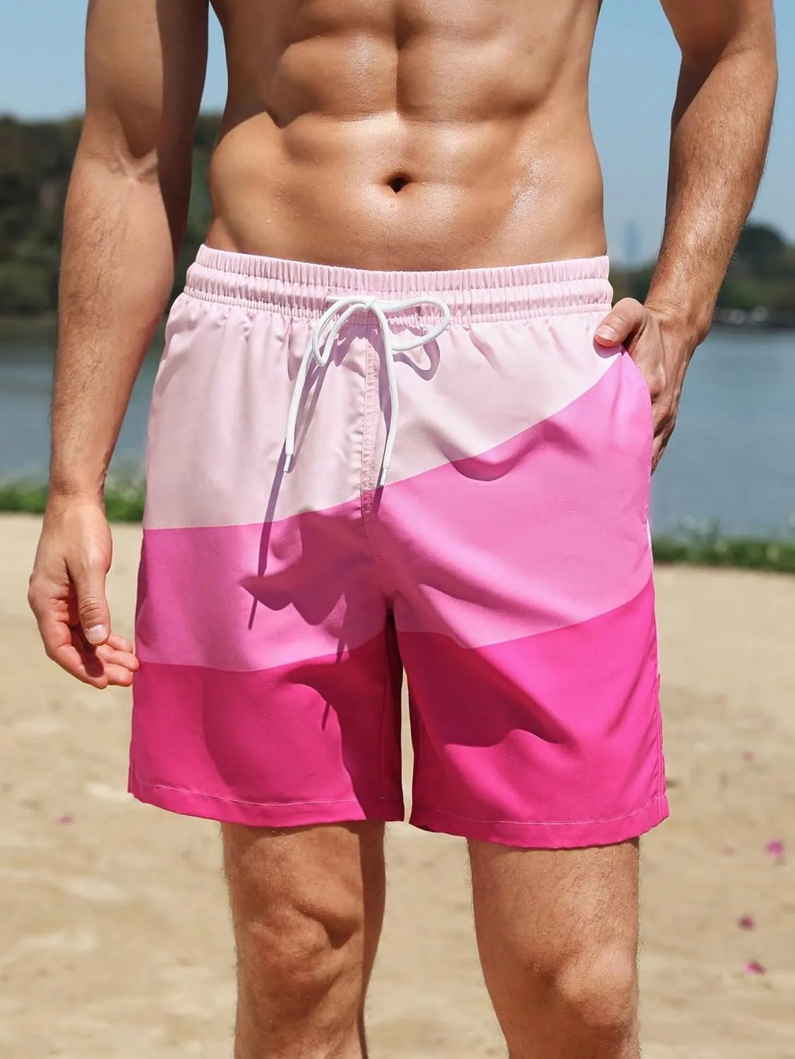 WDIRARA Men's Color Block Beach Shorts Summer Swim Shorts with Drawstring and Pockets