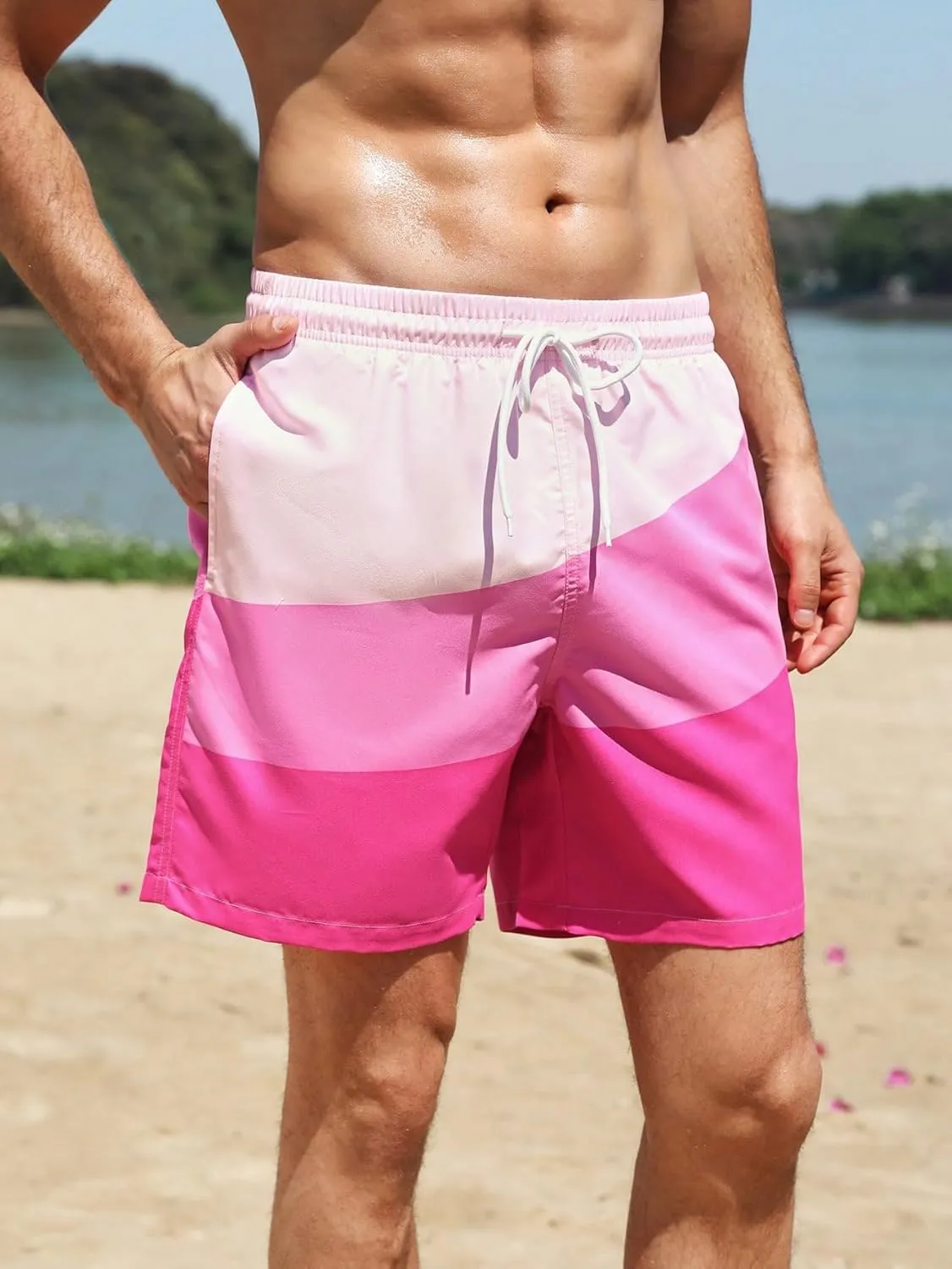 WDIRARA Men's Color Block Beach Shorts Summer Swim Shorts with Drawstring and Pockets