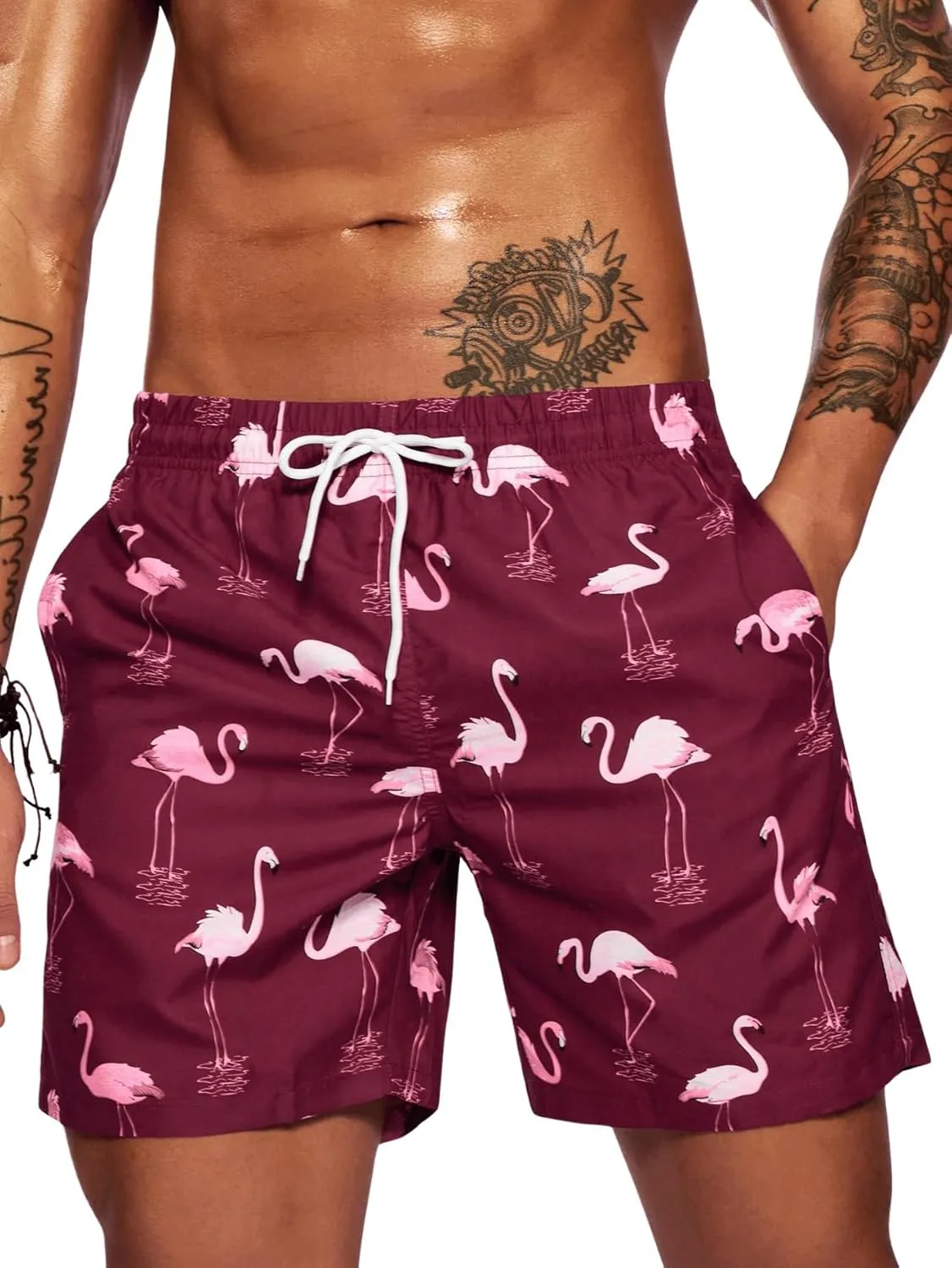 WDIRARA Men's Color Block Beach Shorts Summer Swim Shorts with Drawstring and Pockets