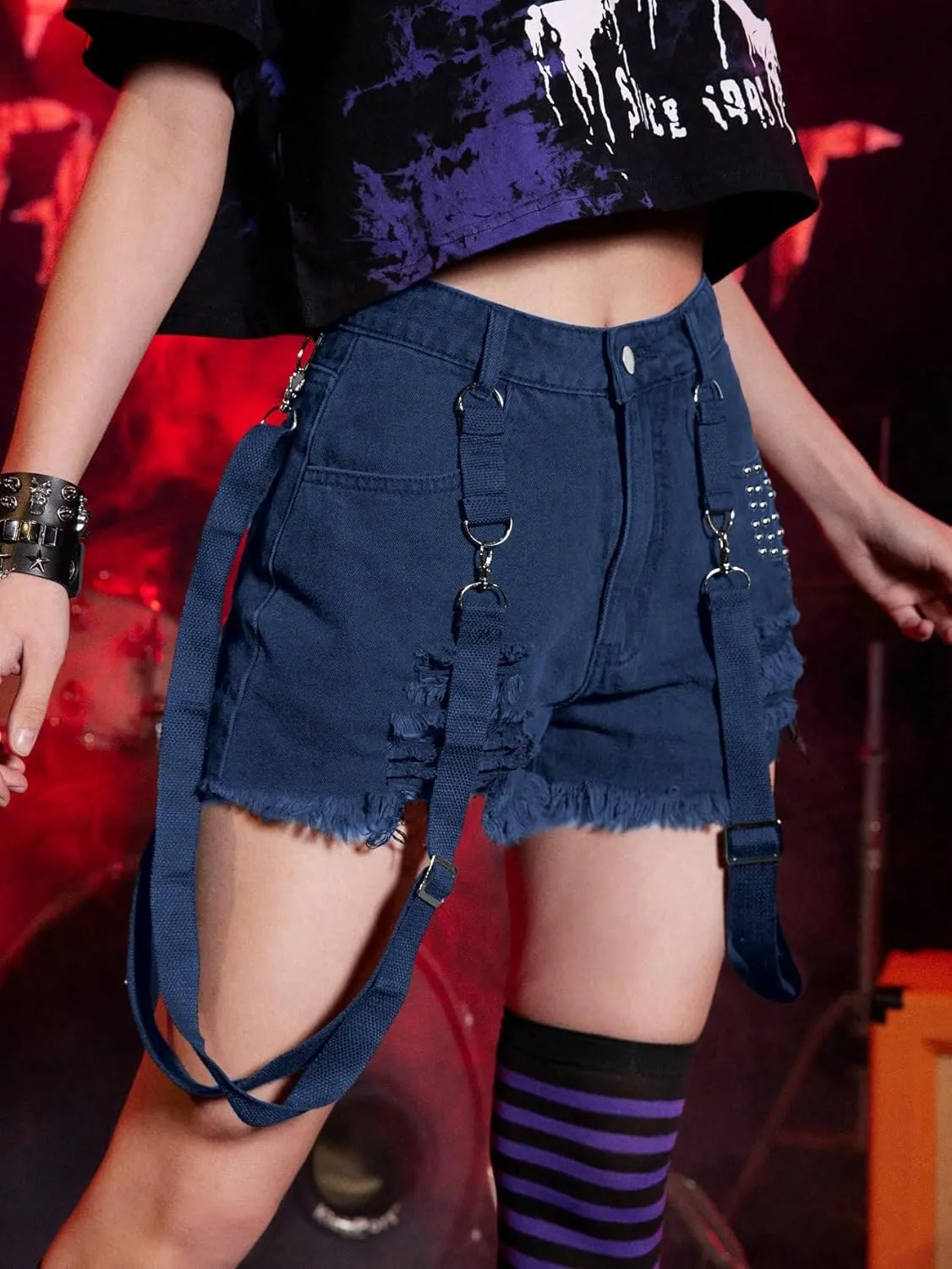 WDIRARA Women's Ripped Raw Hem High Waisted Denim Shorts Goth Studded Punk Shorts