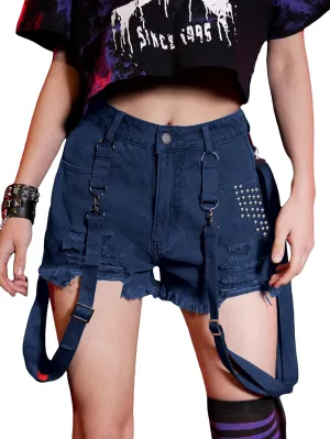 WDIRARA Women's Ripped Raw Hem High Waisted Denim Shorts Goth Studded Punk Shorts