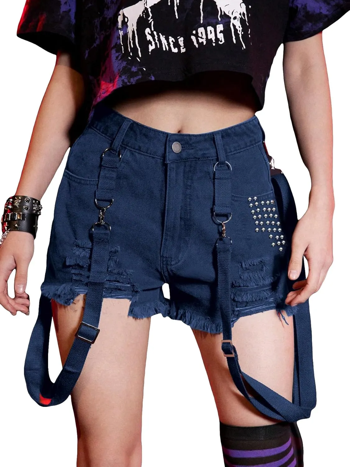 WDIRARA Women's Ripped Raw Hem High Waisted Denim Shorts Goth Studded Punk Shorts