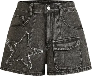 WDIRARA Women's Star Pattern Mini Denim Shorts Summer Y2K Bermuda Shorts with Pockets