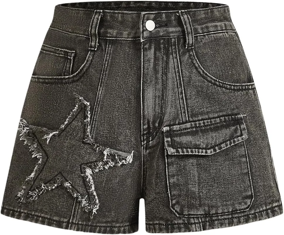 WDIRARA Women's Star Pattern Mini Denim Shorts Summer Y2K Bermuda Shorts with Pockets