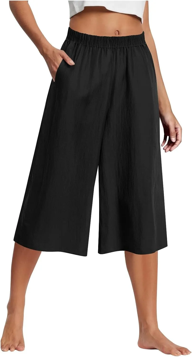 Wide Leg Linen Pants for Women Plus Size Summer Dressy Casual Capri Pants Summer Baggy Beach Cropped Trousers 2025
