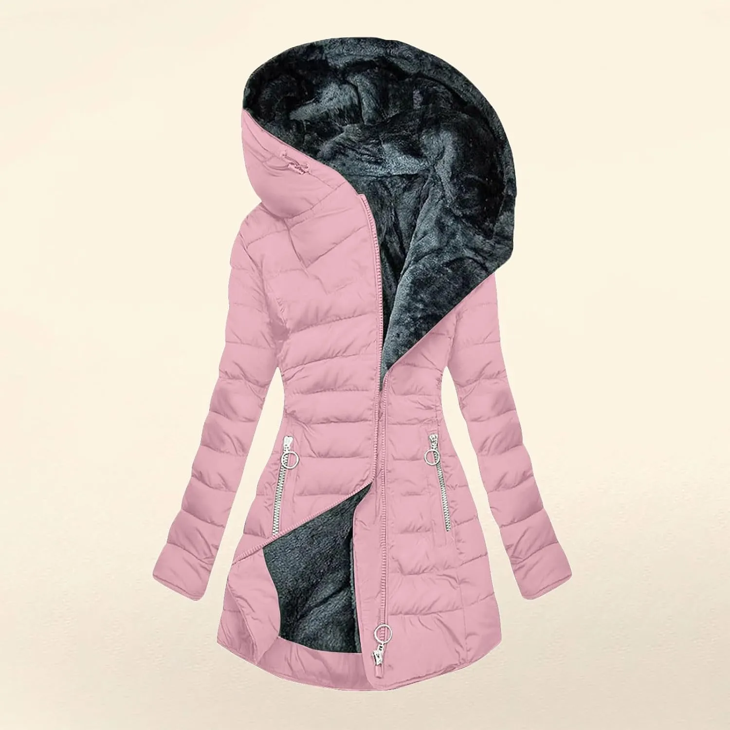 Winter Coat for Women - Fleece Lined Hooded Puffer Jacket With Long Sleeve, Fur Trim, Full Zip, Thicken Parka