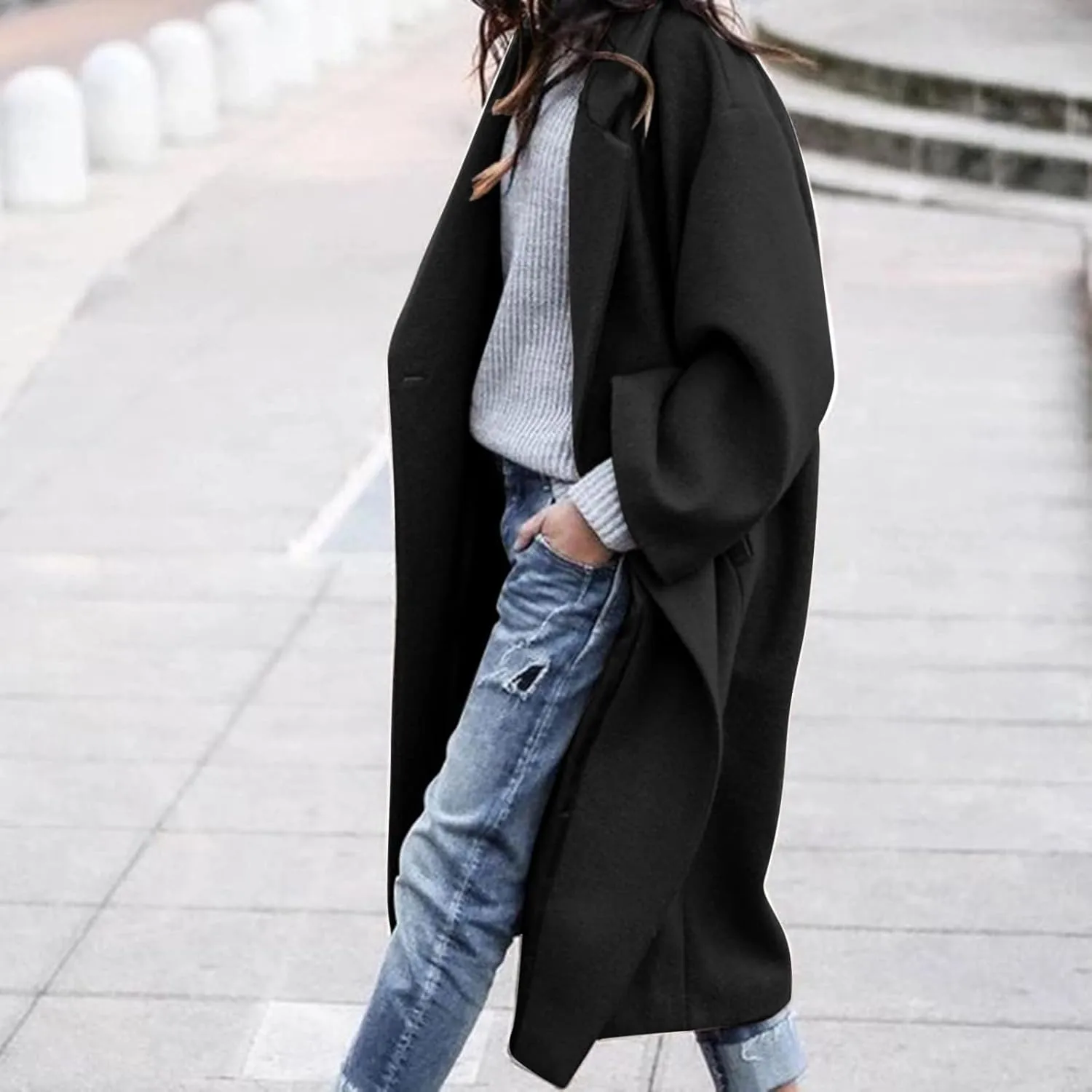 Winter Coats for Women Elegant Essential Notched Collar Mid-Long Woolen Pea Coat Trendy Casual Outwear Trench Coat