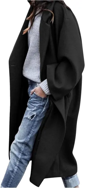 Winter Coats for Women Elegant Essential Notched Collar Mid-Long Woolen Pea Coat Trendy Casual Outwear Trench Coat