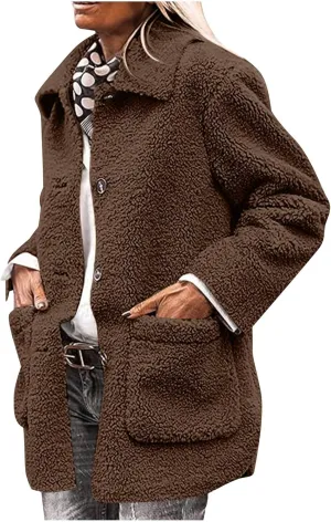 Winter Coats For Women Lapel Fuzzy Faux Fur Coat Long Sleeve Button Down Sherpa Jacket Fleece Warm Outerwear w/Pocket