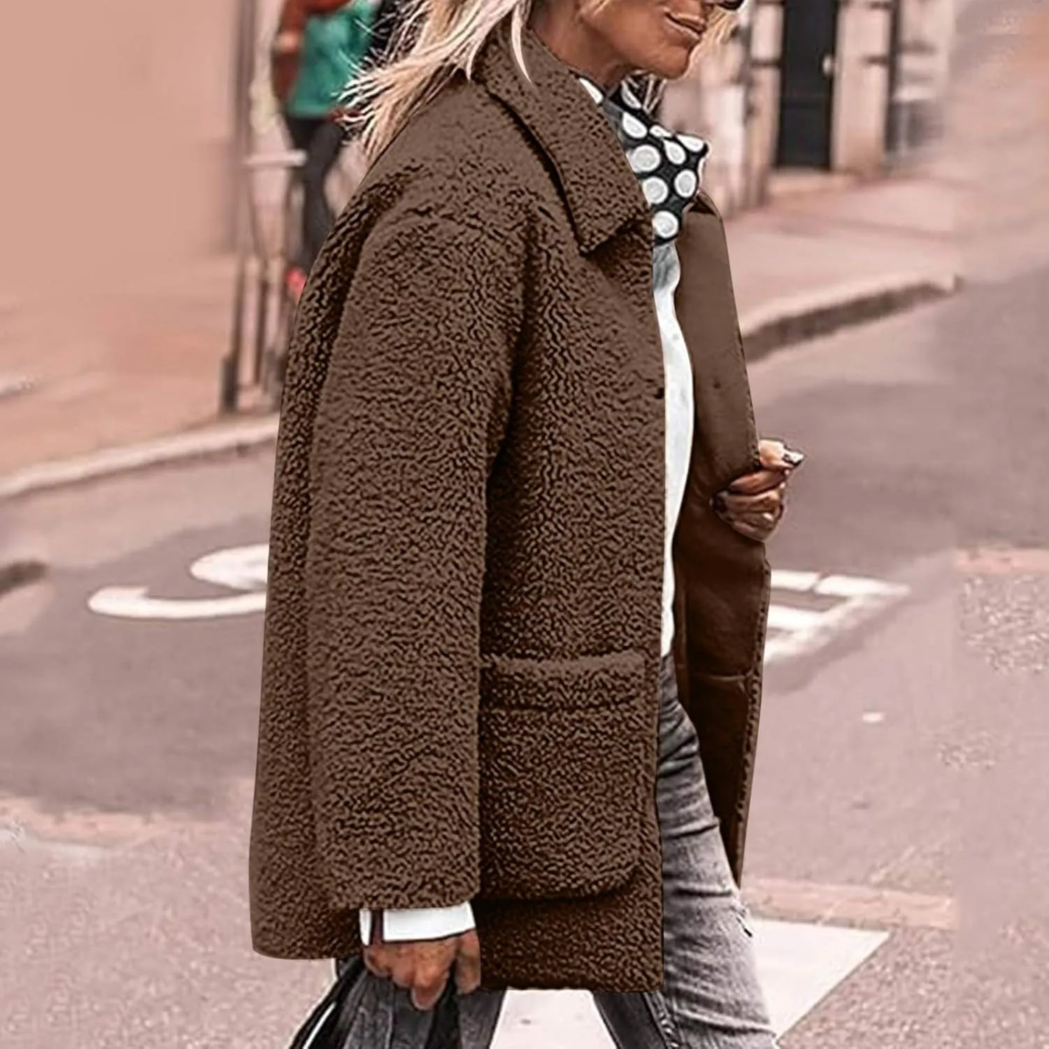 Winter Coats For Women Lapel Fuzzy Faux Fur Coat Long Sleeve Button Down Sherpa Jacket Fleece Warm Outerwear w/Pocket