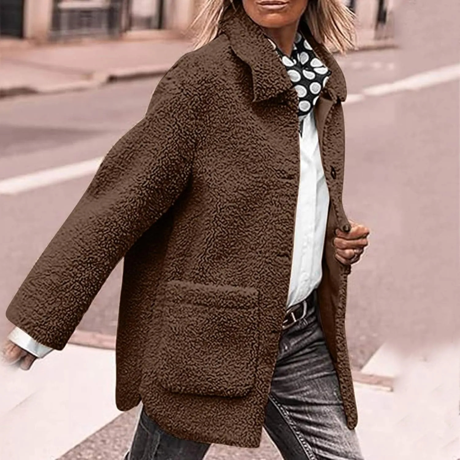 Winter Coats For Women Lapel Fuzzy Faux Fur Coat Long Sleeve Button Down Sherpa Jacket Fleece Warm Outerwear w/Pocket
