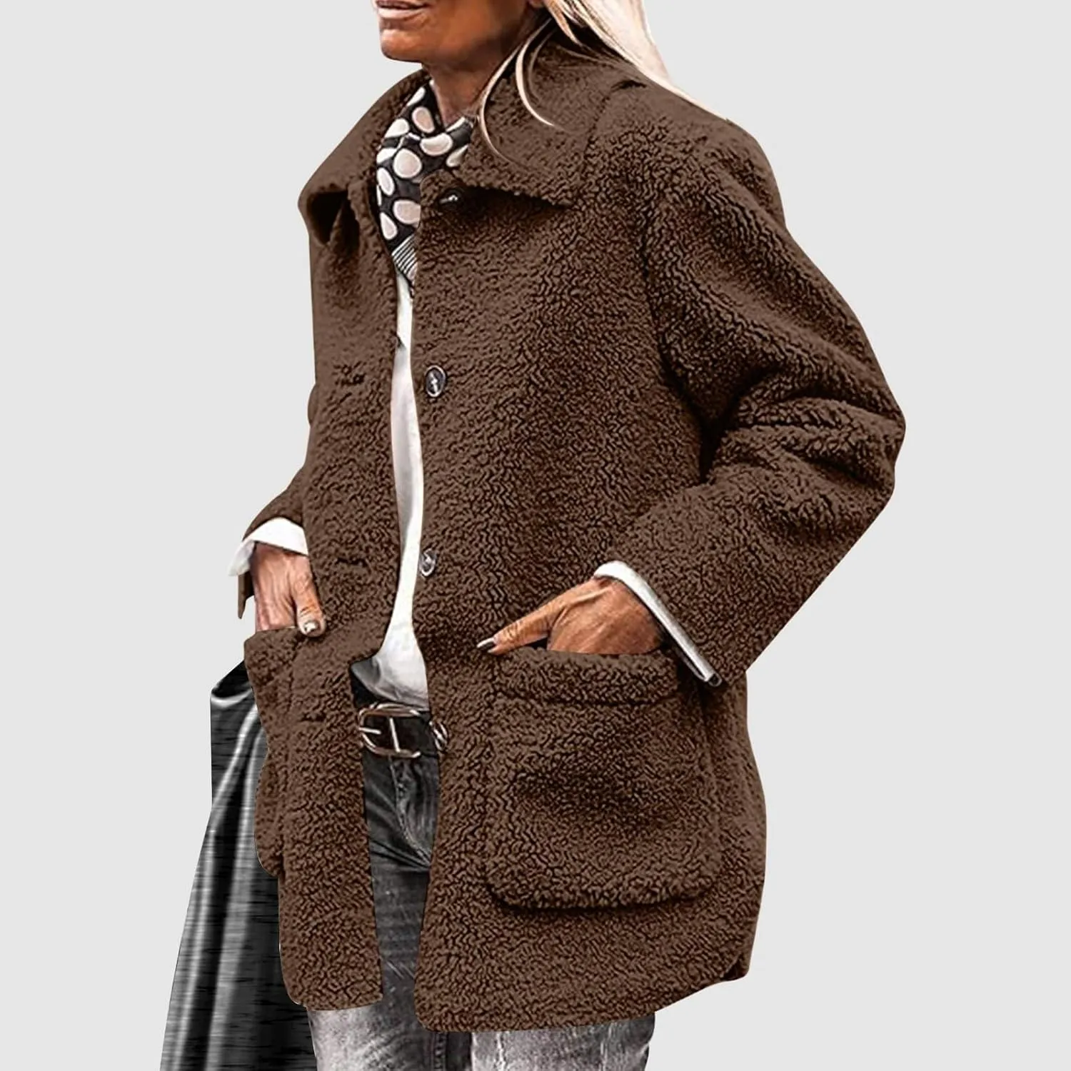 Winter Coats For Women Lapel Fuzzy Faux Fur Coat Long Sleeve Button Down Sherpa Jacket Fleece Warm Outerwear w/Pocket