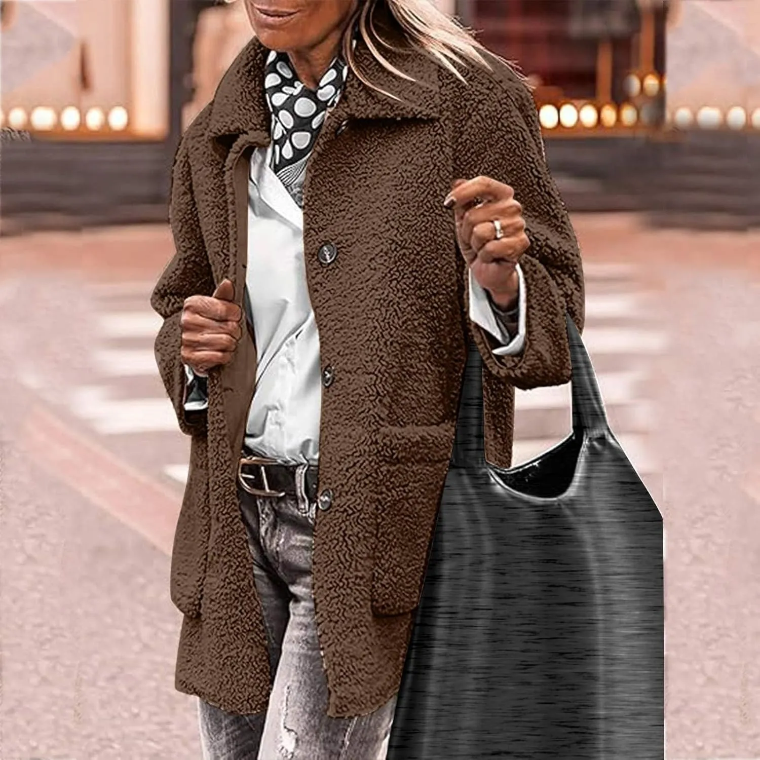 Winter Coats For Women Lapel Fuzzy Faux Fur Coat Long Sleeve Button Down Sherpa Jacket Fleece Warm Outerwear w/Pocket