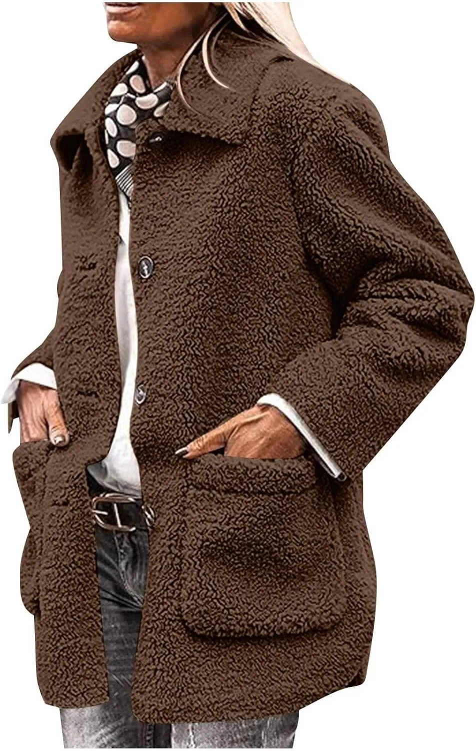 Winter Coats For Women Lapel Fuzzy Faux Fur Coat Long Sleeve Button Down Sherpa Jacket Fleece Warm Outerwear w/Pocket