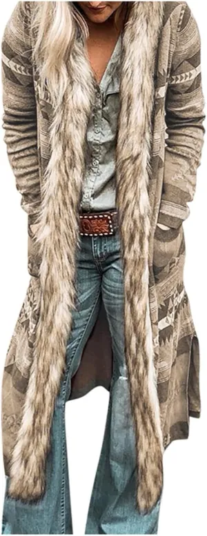 Winter Jackets for Women Long Coat Open Front Cardigan Jacket Vintage Coats Plus Size Outerwear Faux Fur Collar Jacket