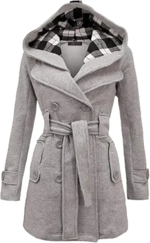 WIWIQS Women's Hooded Double-Breasted Thick Wool Blend Trench Coat Jacket Winter Mid-Long Pea Coat with Belt