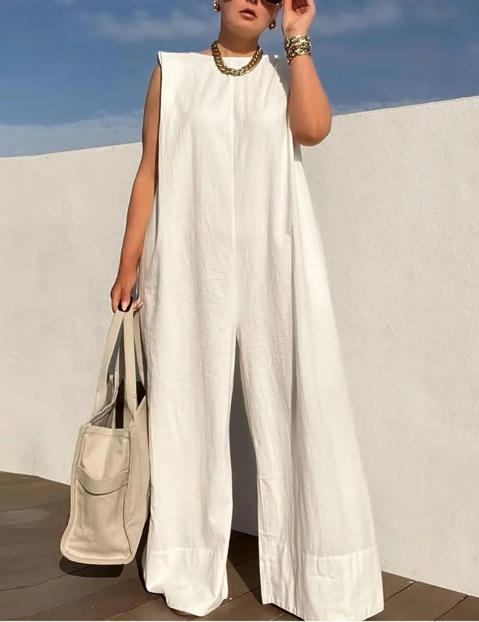 WOKANSE Women's Loose Fit Sleeveless Casual Solid Wide Leg Jumpsuit Long Pants Romper Plus Size