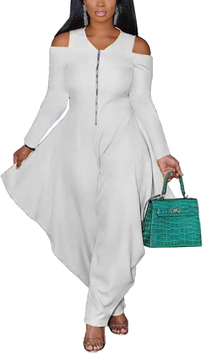 WOKANSE Women's Sexy Cold Shoulder Jumpsuits Zip Up Long Sleeve Solid Color Baggy Harem Pants Jumpsuit Long Romper