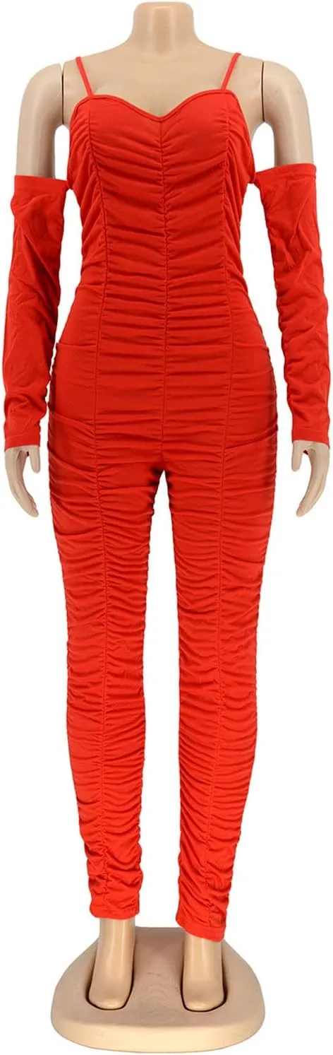 WOKANSE Women's Sexy Ruched One Piece Bodycon Cold Shoulder Long Sleeves Solid Jumpsuits Long Pants Romper