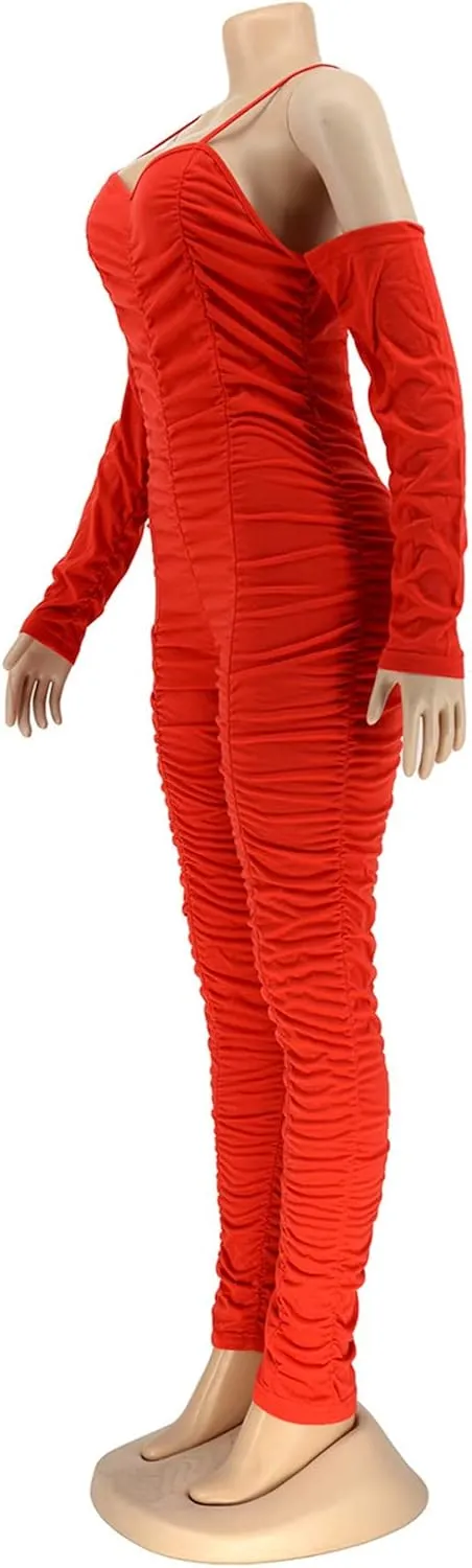 WOKANSE Women's Sexy Ruched One Piece Bodycon Cold Shoulder Long Sleeves Solid Jumpsuits Long Pants Romper