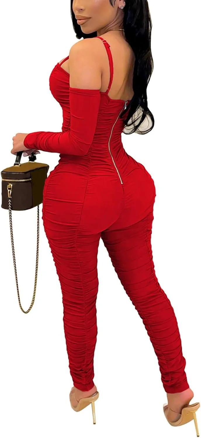 WOKANSE Women's Sexy Ruched One Piece Bodycon Cold Shoulder Long Sleeves Solid Jumpsuits Long Pants Romper