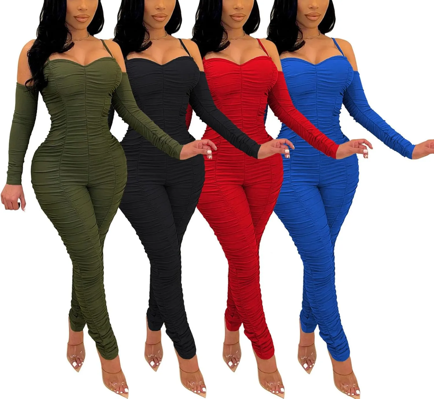 WOKANSE Women's Sexy Ruched One Piece Bodycon Cold Shoulder Long Sleeves Solid Jumpsuits Long Pants Romper