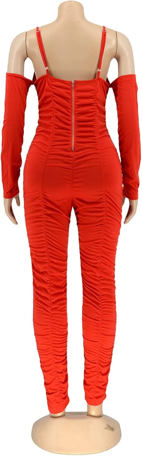 WOKANSE Women's Sexy Ruched One Piece Bodycon Cold Shoulder Long Sleeves Solid Jumpsuits Long Pants Romper