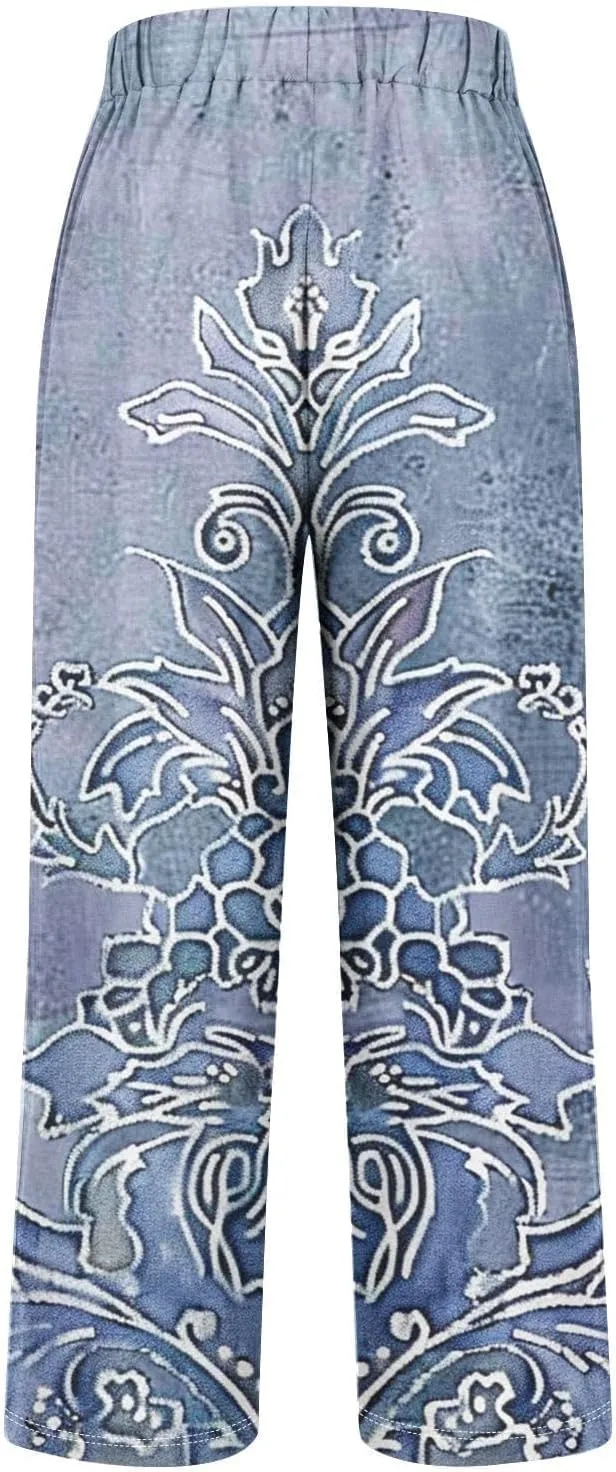 Woman Wide Leg Linen Pants 2025 Women's Botanical Floral Print Loose Pocket Casual Cotton and Linen Pants