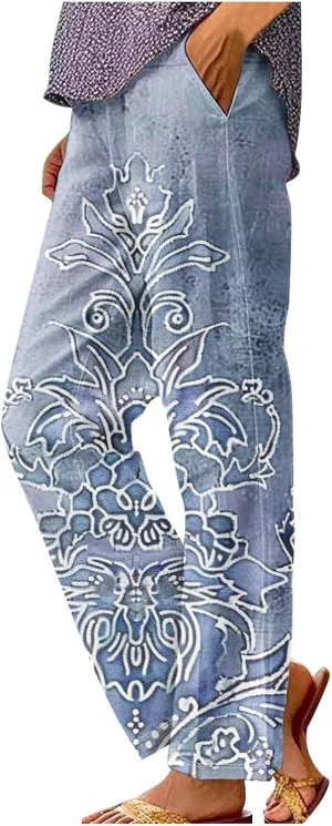 Woman Wide Leg Linen Pants 2025 Women's Botanical Floral Print Loose Pocket Casual Cotton and Linen Pants