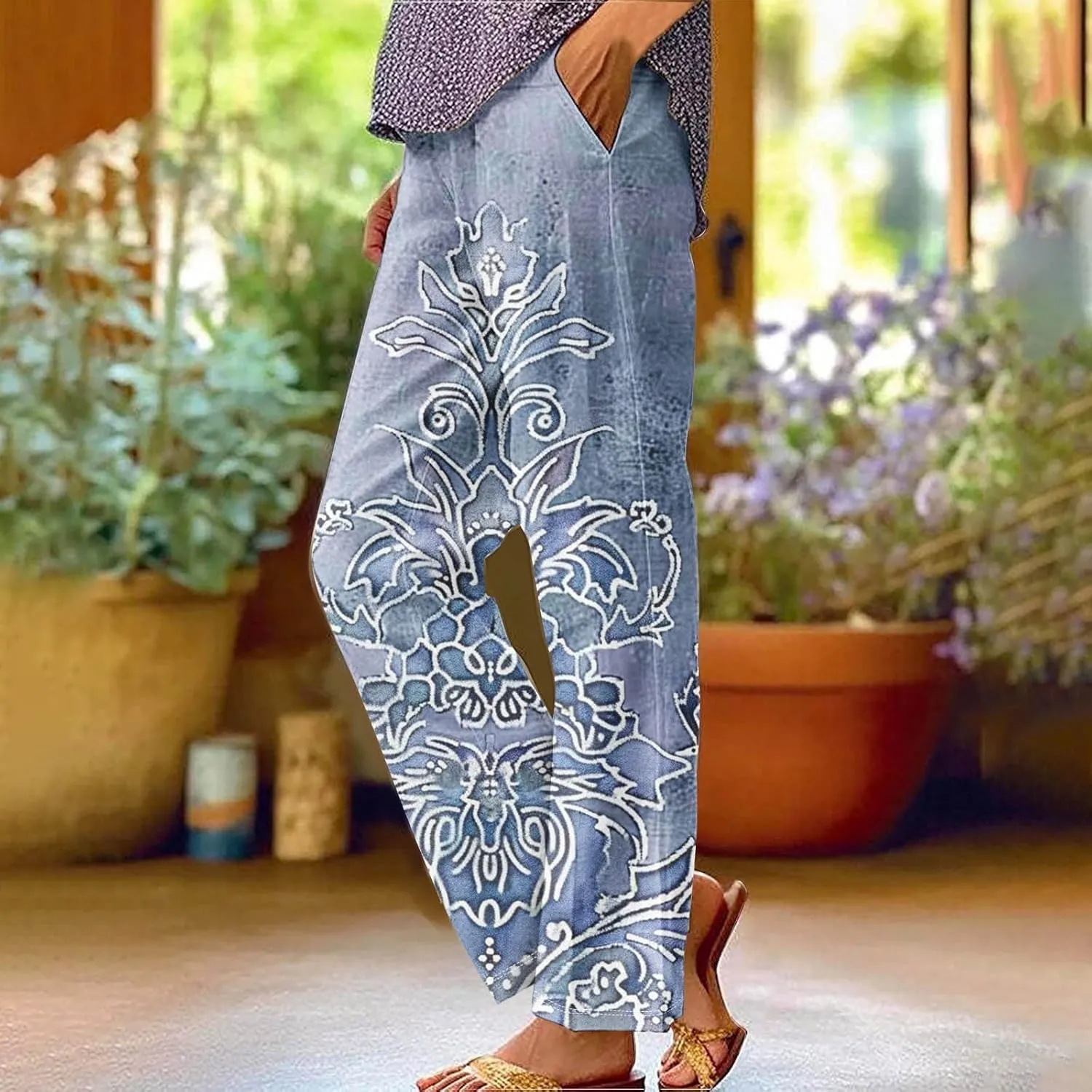 Woman Wide Leg Linen Pants 2025 Women's Botanical Floral Print Loose Pocket Casual Cotton and Linen Pants