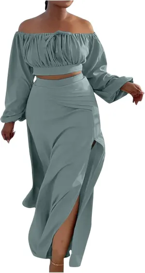 Women 2 Piece Outfits Long Sleeve Shirts Sexy Clod Shoulder Crop Top Bodycon Slit Long Skirt Set Beach Travel Clothes