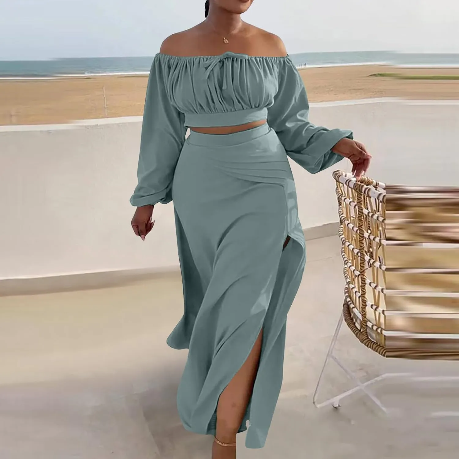 Women 2 Piece Outfits Long Sleeve Shirts Sexy Clod Shoulder Crop Top Bodycon Slit Long Skirt Set Beach Travel Clothes