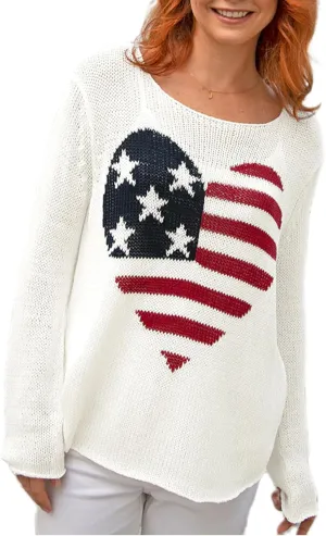 Women American Flag Sweater Loose Vintage USA Sweatshirt Long Sleeve Crewneck Hollow Out 4th of July Jumper