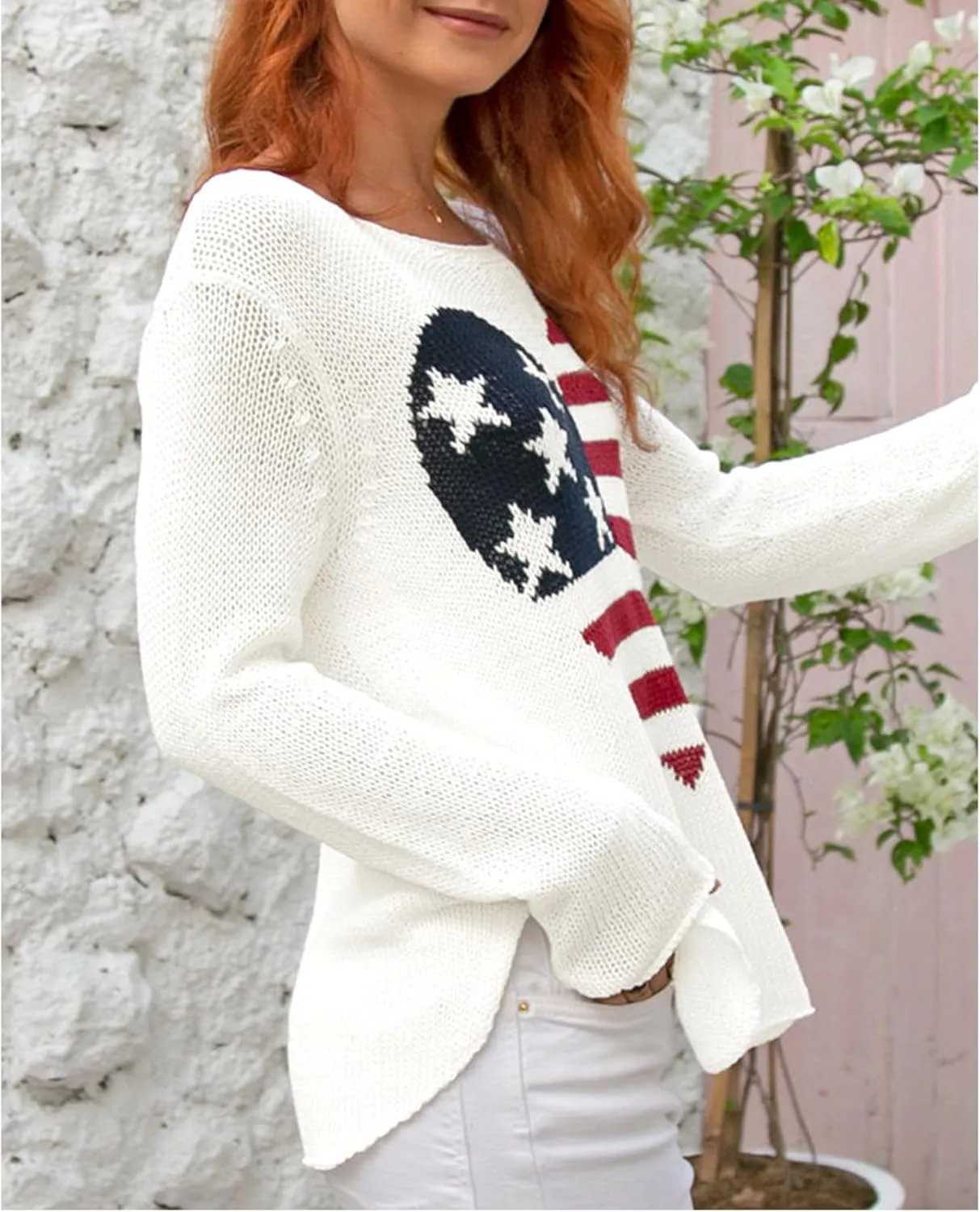 Women American Flag Sweater Loose Vintage USA Sweatshirt Long Sleeve Crewneck Hollow Out 4th of July Jumper