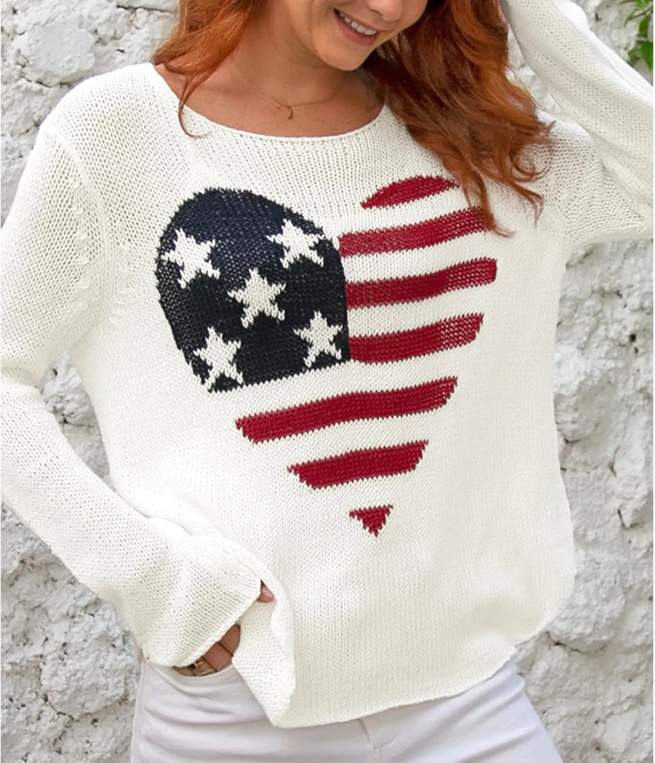 Women American Flag Sweater Loose Vintage USA Sweatshirt Long Sleeve Crewneck Hollow Out 4th of July Jumper