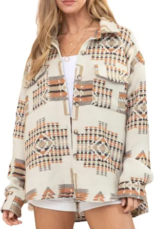 Women Aztec Print Shirt Jacket Shacket Long Sleeve Loose Vintage Boho Wool Blend Coat Button Down Shirt Tops