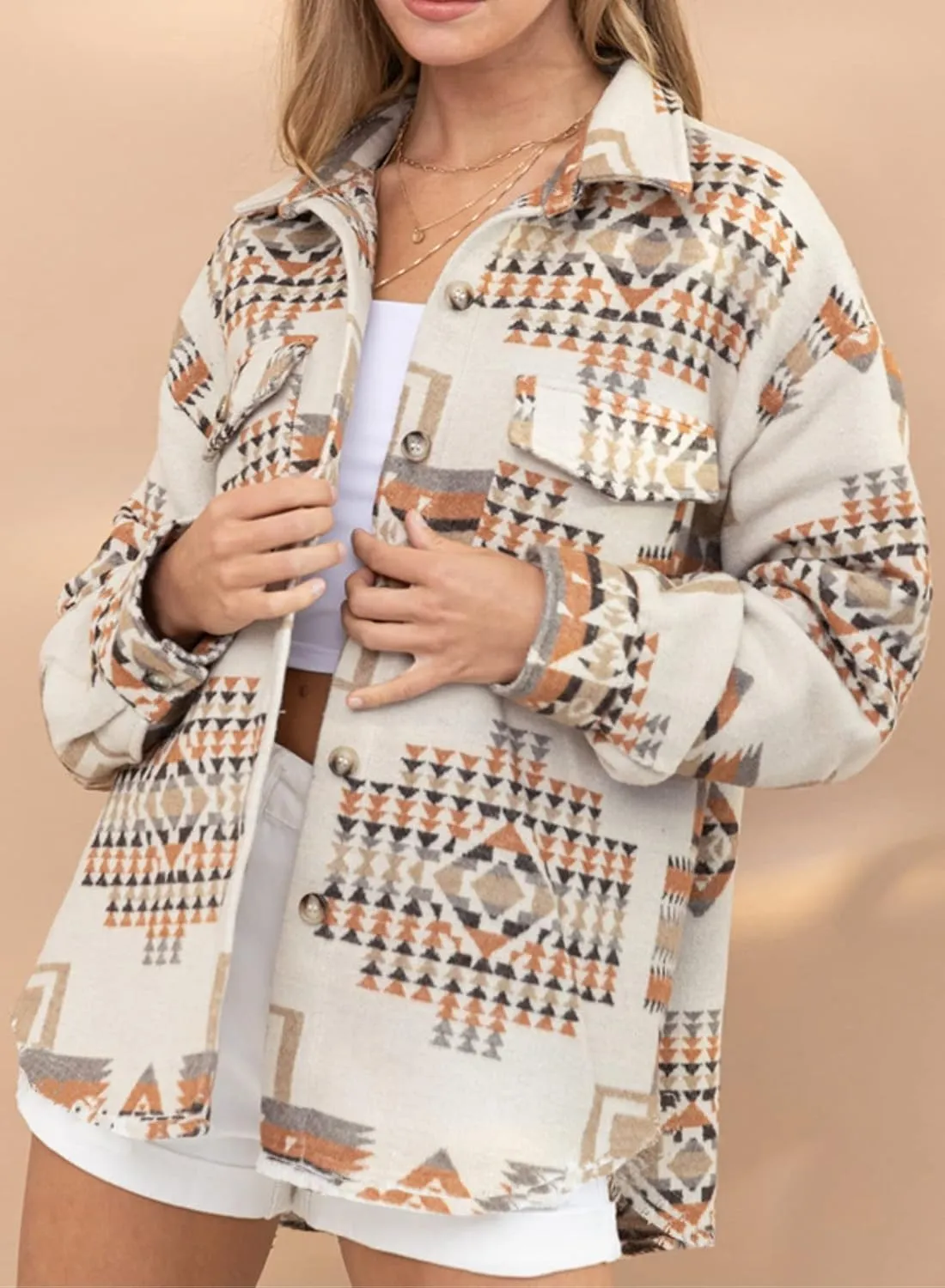 Women Aztec Print Shirt Jacket Shacket Long Sleeve Loose Vintage Boho Wool Blend Coat Button Down Shirt Tops