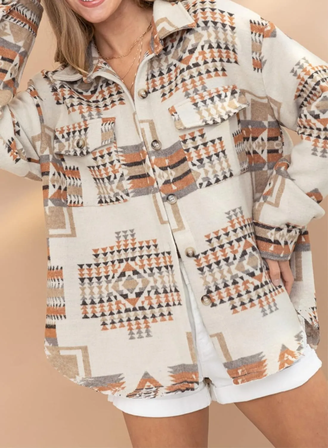 Women Aztec Print Shirt Jacket Shacket Long Sleeve Loose Vintage Boho Wool Blend Coat Button Down Shirt Tops