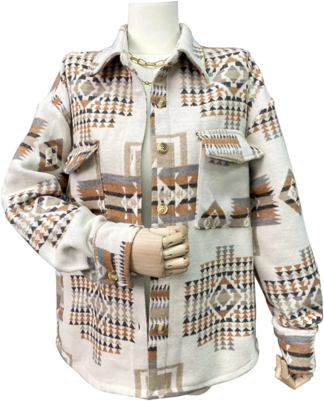 Women Aztec Print Shirt Jacket Shacket Long Sleeve Loose Vintage Boho Wool Blend Coat Button Down Shirt Tops