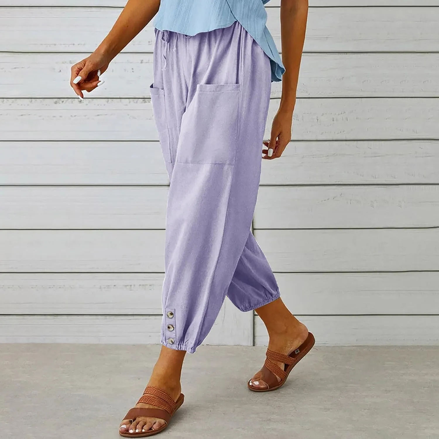 Women Capri Pants Casual Drawstring Elastic High Waist Baggy Cinch Bottom Pants Cropped Pants Trousers for Ladies