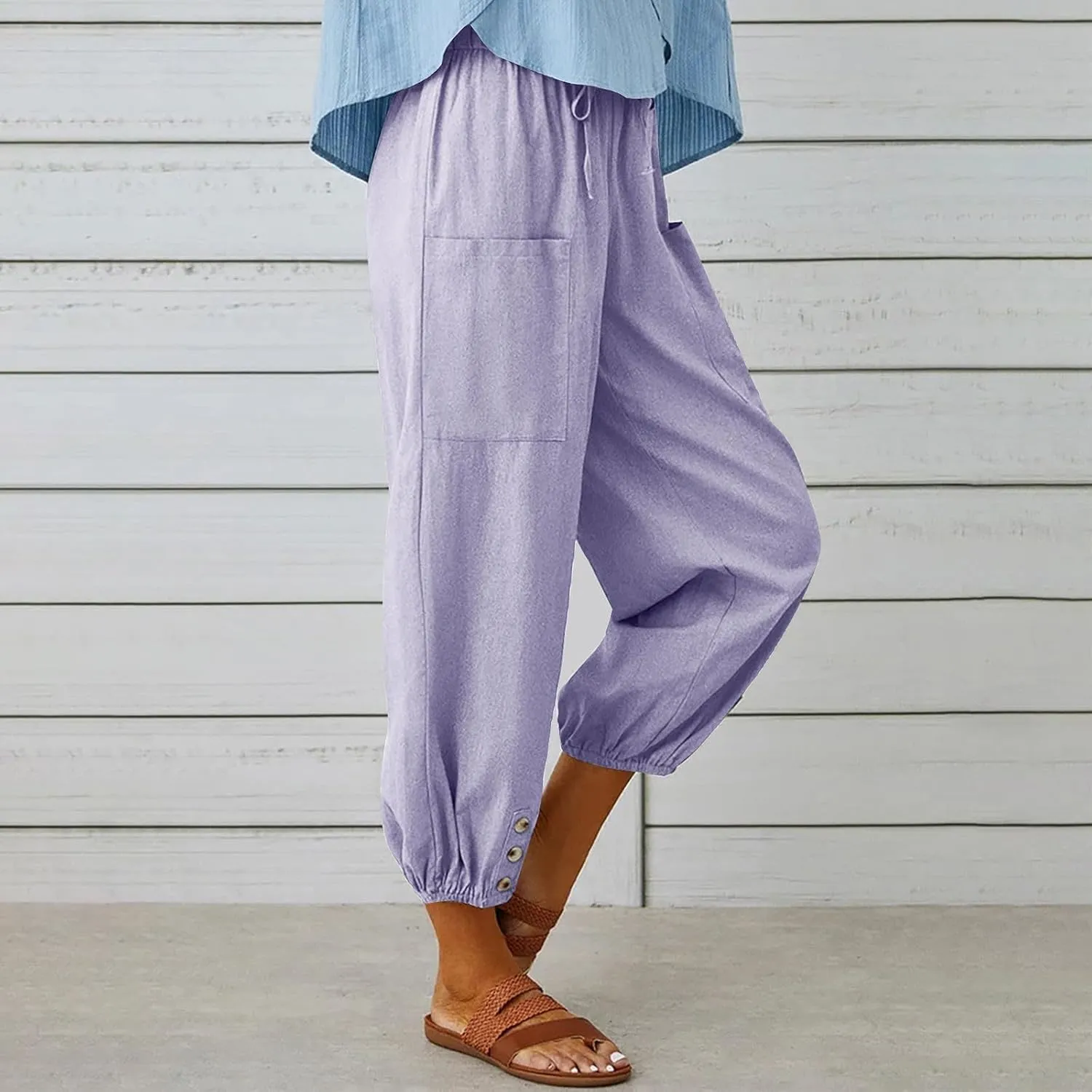 Women Capri Pants Casual Drawstring Elastic High Waist Baggy Cinch Bottom Pants Cropped Pants Trousers for Ladies