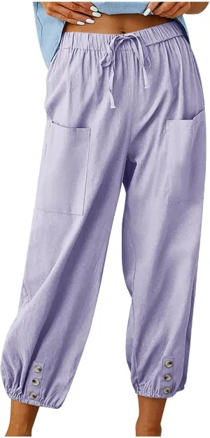 Women Capri Pants Casual Drawstring Elastic High Waist Baggy Cinch Bottom Pants Cropped Pants Trousers for Ladies