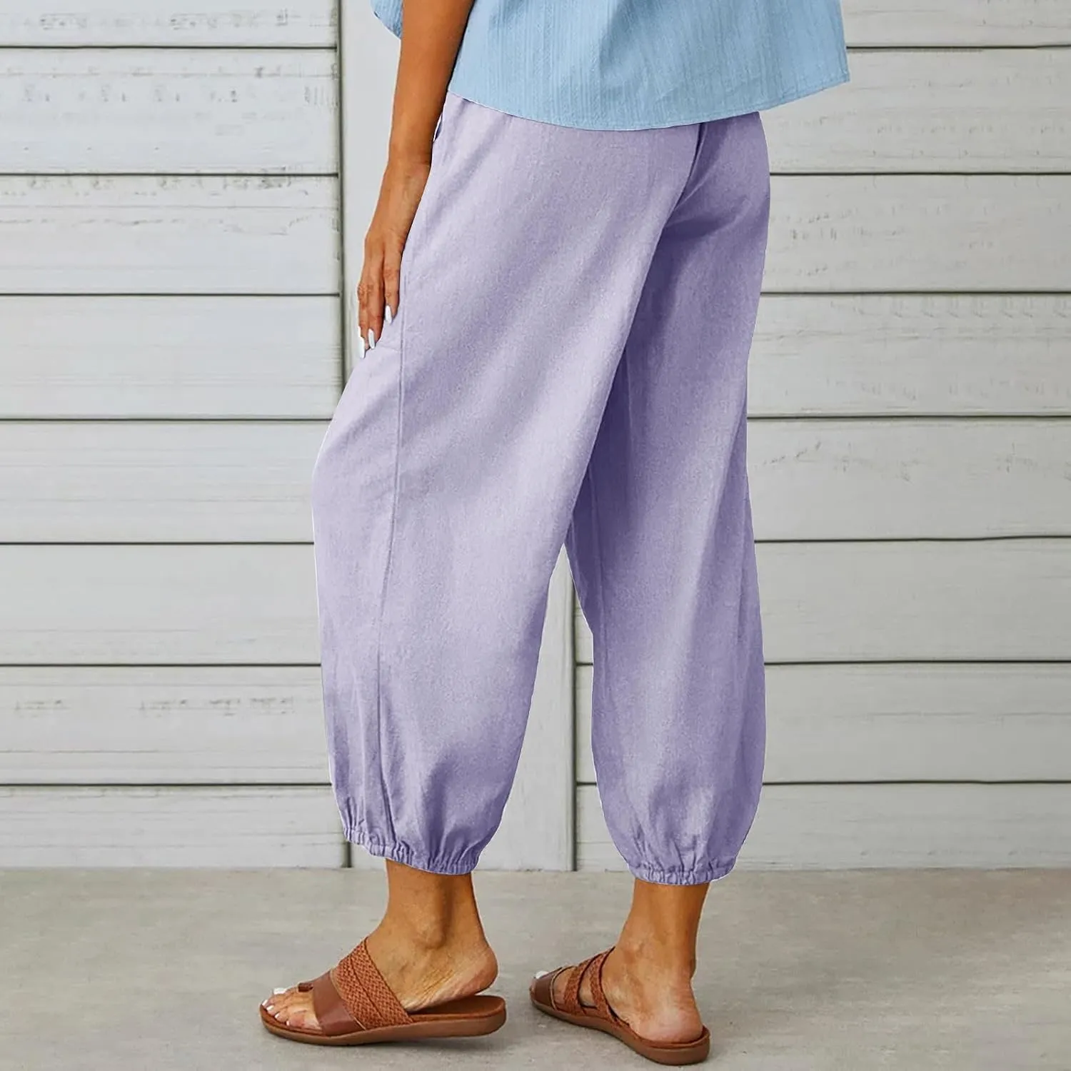 Women Capri Pants Casual Drawstring Elastic High Waist Baggy Cinch Bottom Pants Cropped Pants Trousers for Ladies