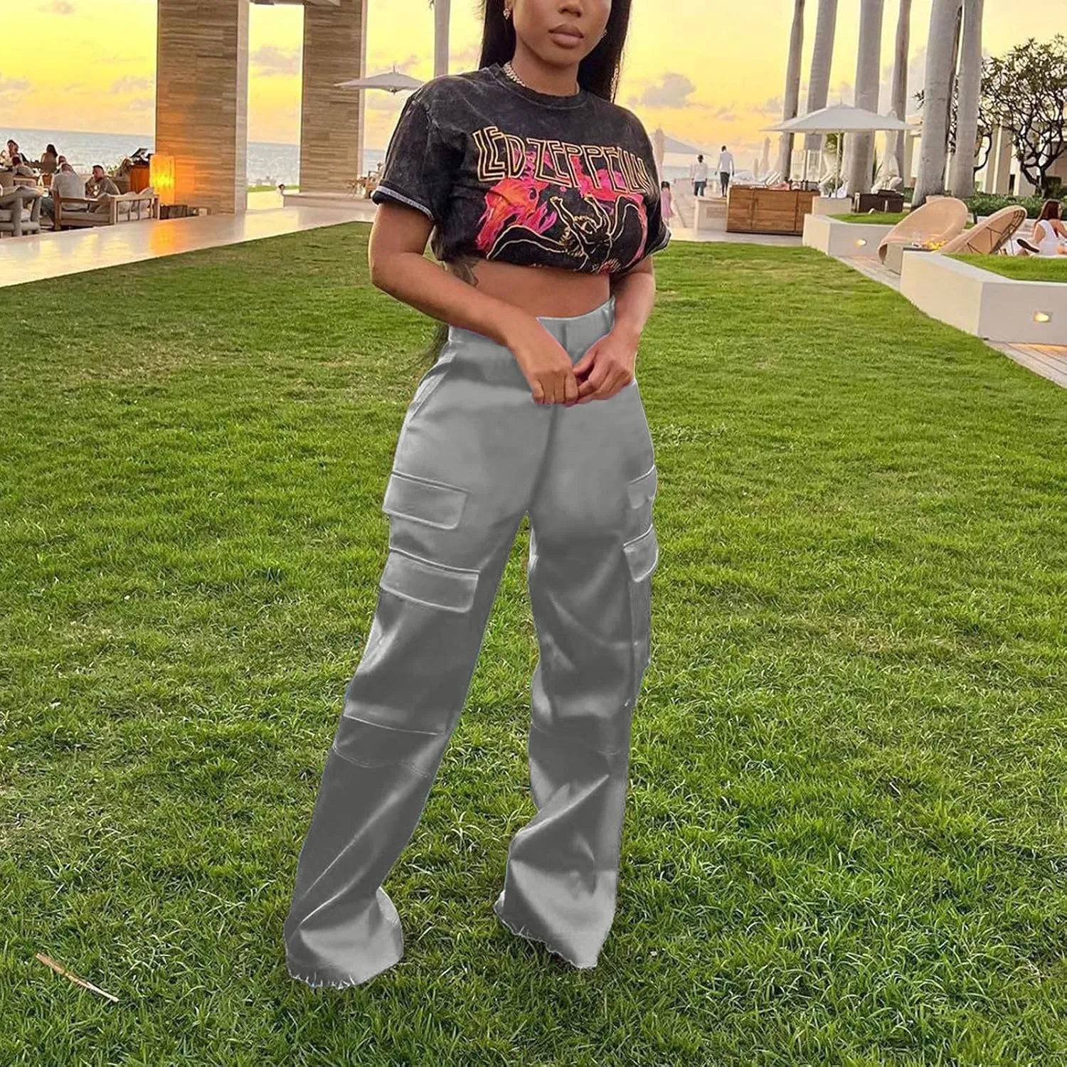 Women Cargo Pants High Waisted Joggers Soft Casual Baggy Sweatpants Wide Leg Straight Slacks Solid Trendy Trousers