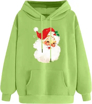 Women Christmas Retro Santa Claus Hooded Sweatshirts Crewneck Long Sleeve Fleece Hoodies Pullover Tops with Pocket