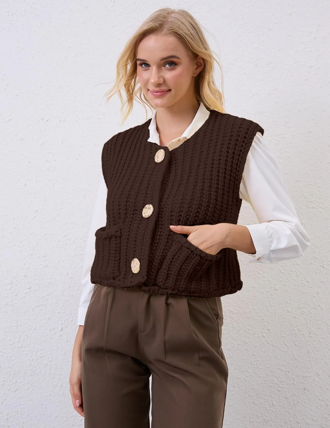 Women Crochet Knit Sweater Vest Button Up Cropped Casual Sleeveless Vest Fashion Vintage Cardigan with Pocket