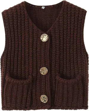 Women Crochet Knit Sweater Vest Button Up Cropped Casual Sleeveless Vest Fashion Vintage Cardigan with Pocket
