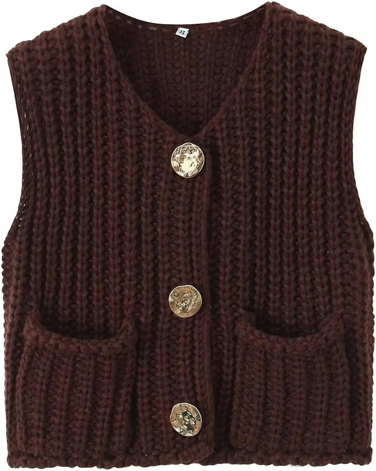 Women Crochet Knit Sweater Vest Button Up Cropped Casual Sleeveless Vest Fashion Vintage Cardigan with Pocket