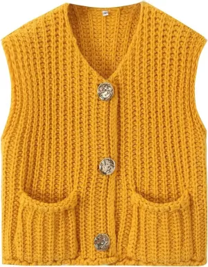Women Crochet Knit Sweater Vest Button Up Cropped Casual Sleeveless Vest Fashion Vintage Cardigan with Pocket